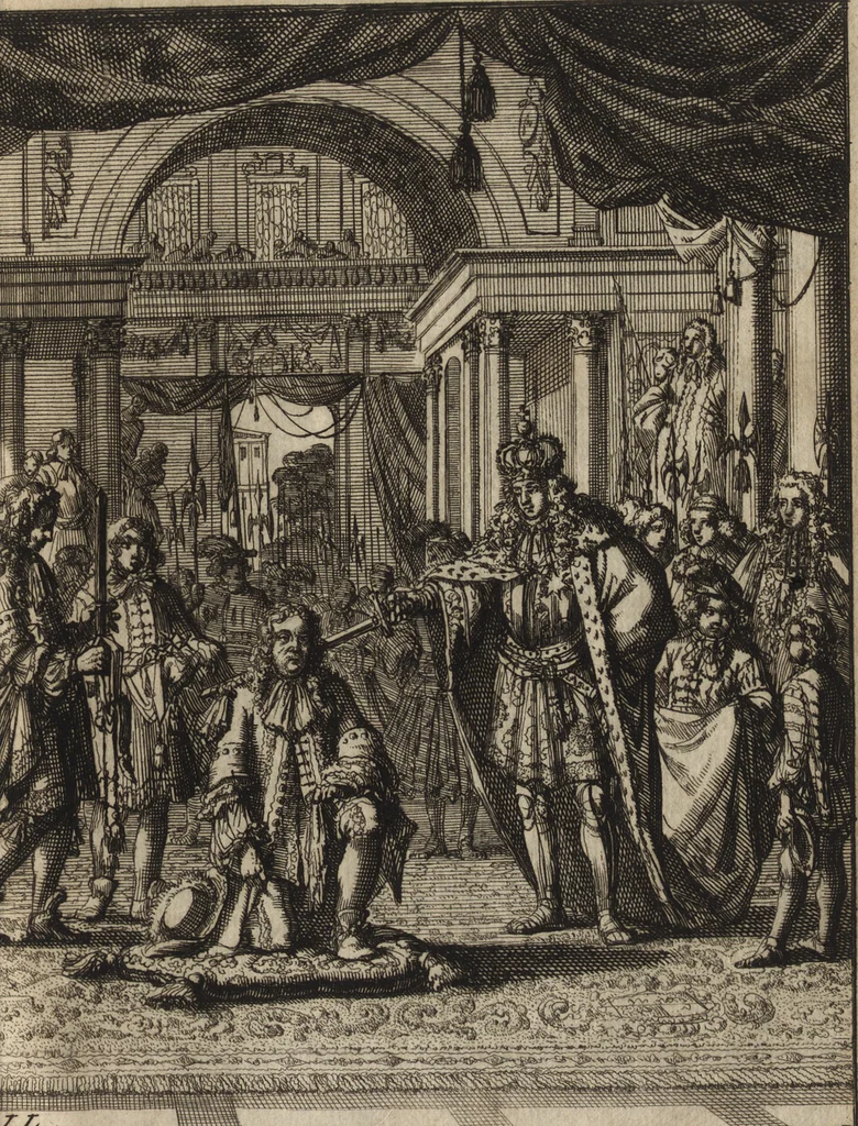 An illustration from Leven en bedryf van den vermaarden zeeheld Cornelis Tromp, graaf van Sylliesburg, ridder van den Olifant, baronnet, &c., lieutenant admiraal generaal van Holland en Westvriesland : ondermengd met de voornaamste daaden van verscheidene andere zeehoofden, en voornaamentlijk met die van Martin Harpertsz. Tromp : benevens een naauwkeurig verhaal van der Nederlanderen en hunner bondgenooten oorlogen, sedert den jaare 1650 tegens verscheidene volkeren gevoerd : voorzien met alle de noodige authentyke stukken en bewyzen, en vercierd met schoone kopere figuuren, 1692, leaf 502