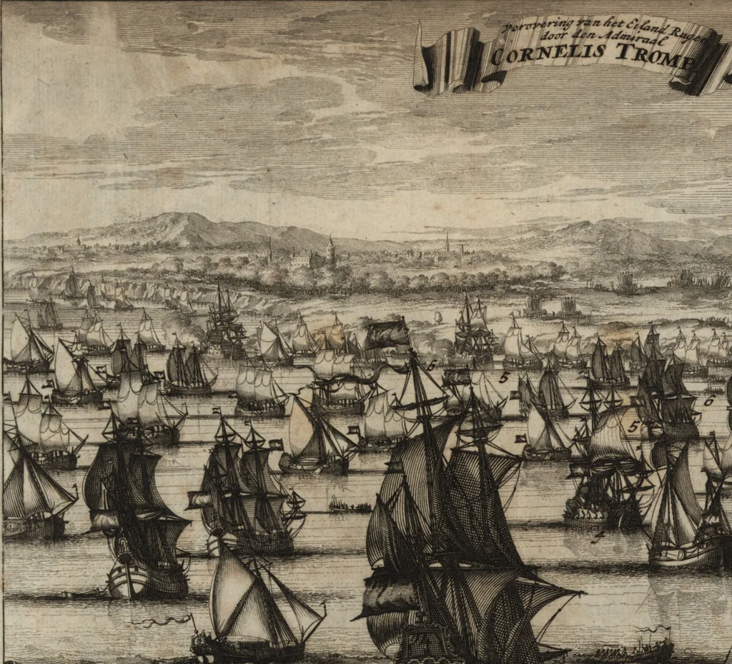An illustration from Leven en bedryf van den vermaarden zeeheld Cornelis Tromp, graaf van Sylliesburg, ridder van den Olifant, baronnet, &c., lieutenant admiraal generaal van Holland en Westvriesland : ondermengd met de voornaamste daaden van verscheidene andere zeehoofden, en voornaamentlijk met die van Martin Harpertsz. Tromp : benevens een naauwkeurig verhaal van der Nederlanderen en hunner bondgenooten oorlogen, sedert den jaare 1650 tegens verscheidene volkeren gevoerd : voorzien met alle de noodige authentyke stukken en bewyzen, en vercierd met schoone kopere figuuren, 1692, leaf 518