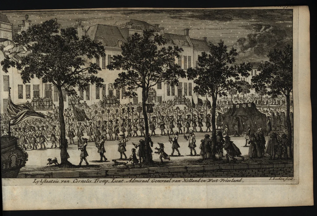 An illustration from Leven en bedryf van den vermaarden zeeheld Cornelis Tromp, graaf van Sylliesburg, ridder van den Olifant, baronnet, &c., lieutenant admiraal generaal van Holland en Westvriesland : ondermengd met de voornaamste daaden van verscheidene andere zeehoofden, en voornaamentlijk met die van Martin Harpertsz. Tromp : benevens een naauwkeurig verhaal van der Nederlanderen en hunner bondgenooten oorlogen, sedert den jaare 1650 tegens verscheidene volkeren gevoerd : voorzien met alle de noodige authentyke stukken en bewyzen, en vercierd met schoone kopere figuuren, 1692, leaf 526