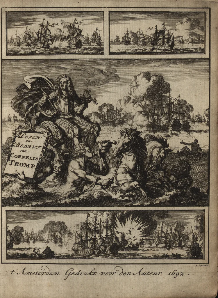 An illustration from Leven en bedryf van den vermaarden zeeheld Cornelis Tromp, graaf van Sylliesburg, ridder van den Olifant, baronnet, &c., lieutenant admiraal generaal van Holland en Westvriesland : ondermengd met de voornaamste daaden van verscheidene andere zeehoofden, en voornaamentlijk met die van Martin Harpertsz. Tromp : benevens een naauwkeurig verhaal van der Nederlanderen en hunner bondgenooten oorlogen, sedert den jaare 1650 tegens verscheidene volkeren gevoerd : voorzien met alle de noodige authentyke stukken en bewyzen, en vercierd met schoone kopere figuuren, 1692, leaf 6