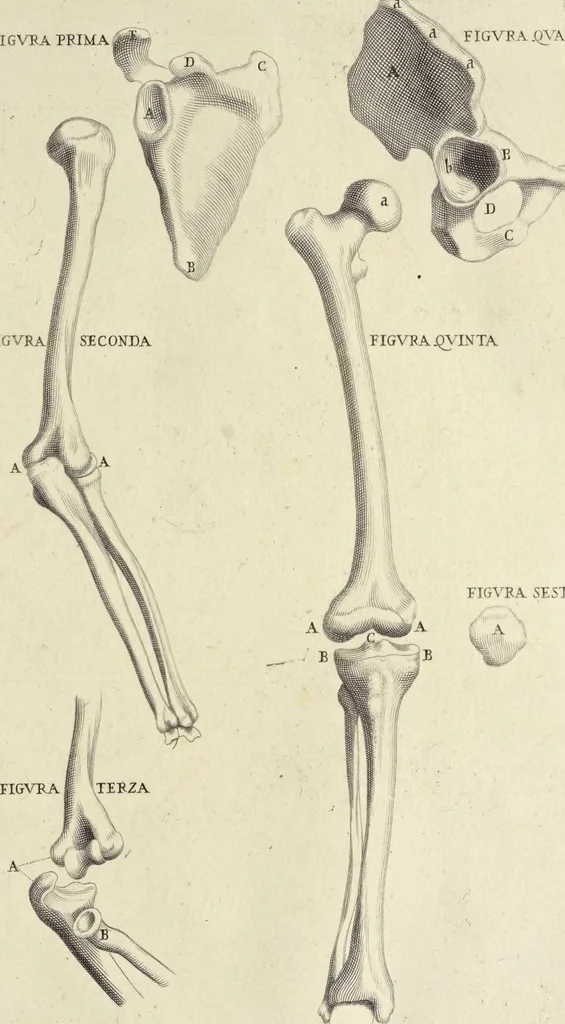 An illustration from Anatomia per uso et intelligenza del disegno : ricercata non solo su gl'ossi e muscoli del corpo humano, ma dimostrata ancora su le statue antiche più insigni di Roma, delineata in piu tauole con tutte le figure in varie faccie e vedute per istudio della Regia academia di Francia pittura e scultura, 1691, leaf 28