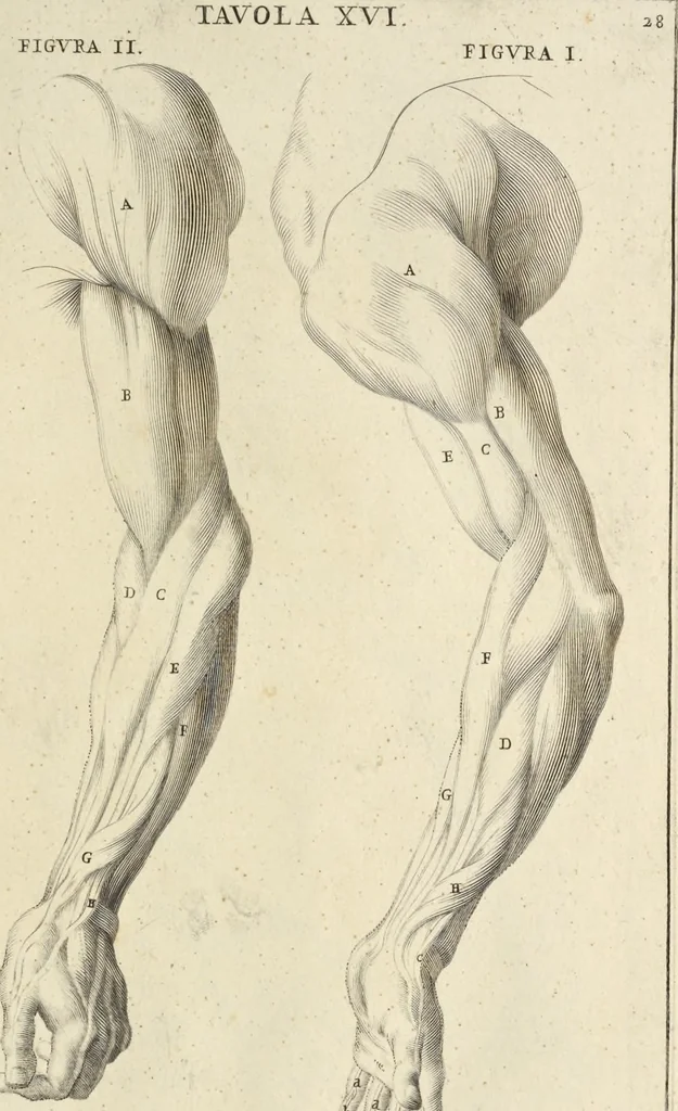 An illustration from Anatomia per uso et intelligenza del disegno : ricercata non solo su gl'ossi e muscoli del corpo humano, ma dimostrata ancora su le statue antiche più insigni di Roma, delineata in piu tauole con tutte le figure in varie faccie e vedute per istudio della Regia academia di Francia pittura e scultura, 1691, leaf 60