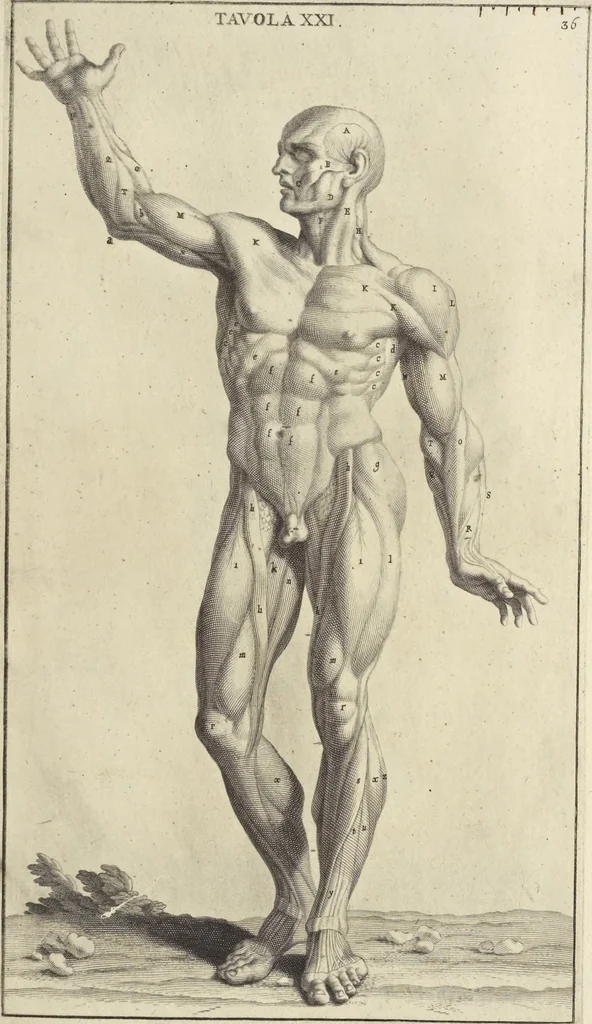 An illustration from Anatomia per uso et intelligenza del disegno : ricercata non solo su gl'ossi e muscoli del corpo humano, ma dimostrata ancora su le statue antiche più insigni di Roma, delineata in piu tauole con tutte le figure in varie faccie e vedute per istudio della Regia academia di Francia pittura e scultura, 1691, leaf 76