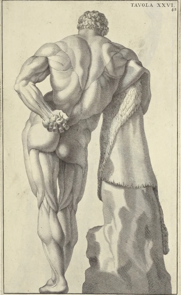 An illustration from Anatomia per uso et intelligenza del disegno : ricercata non solo su gl'ossi e muscoli del corpo humano, ma dimostrata ancora su le statue antiche più insigni di Roma, delineata in piu tauole con tutte le figure in varie faccie e vedute per istudio della Regia academia di Francia pittura e scultura, 1691, leaf 86
