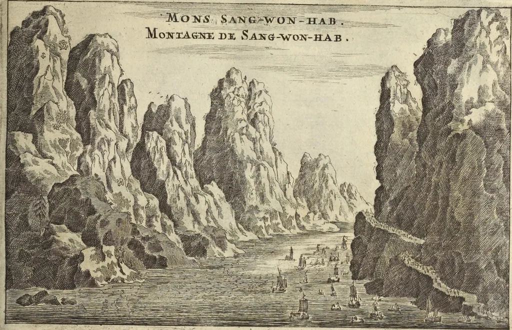 An illustration from Het gezandtschap der Neêrlandtsche Oost-Indische Compagnie, aan den grooten Tartarischen Cham, den tegenwoordigen keizer van China : waar in de gedenkwaerdigste geschiedenissen, die onder het reizen door de Sineesche landtschappen, Quantung, Kiangsi, Nanking, Xantung en Peking, en aan het keizerlyke hof te Peking, zedert den jaare 1655 tot 1657 zyn voorgevallen, op het bondigste verhandelt worden : beneffens een naauwkeurige beschryvinge der Sineesche steden, dorpen, regeering, weetenschappen, handwerken, zeden, godsdiensten, gebouwen, drachten, scheepen, bergen, gewaffen, dieren, &c. en oorlogen tegen de Tarters : verçiert met over de 150 afbeeldtsels, na 't leven in Sina, 1693, leaf 100