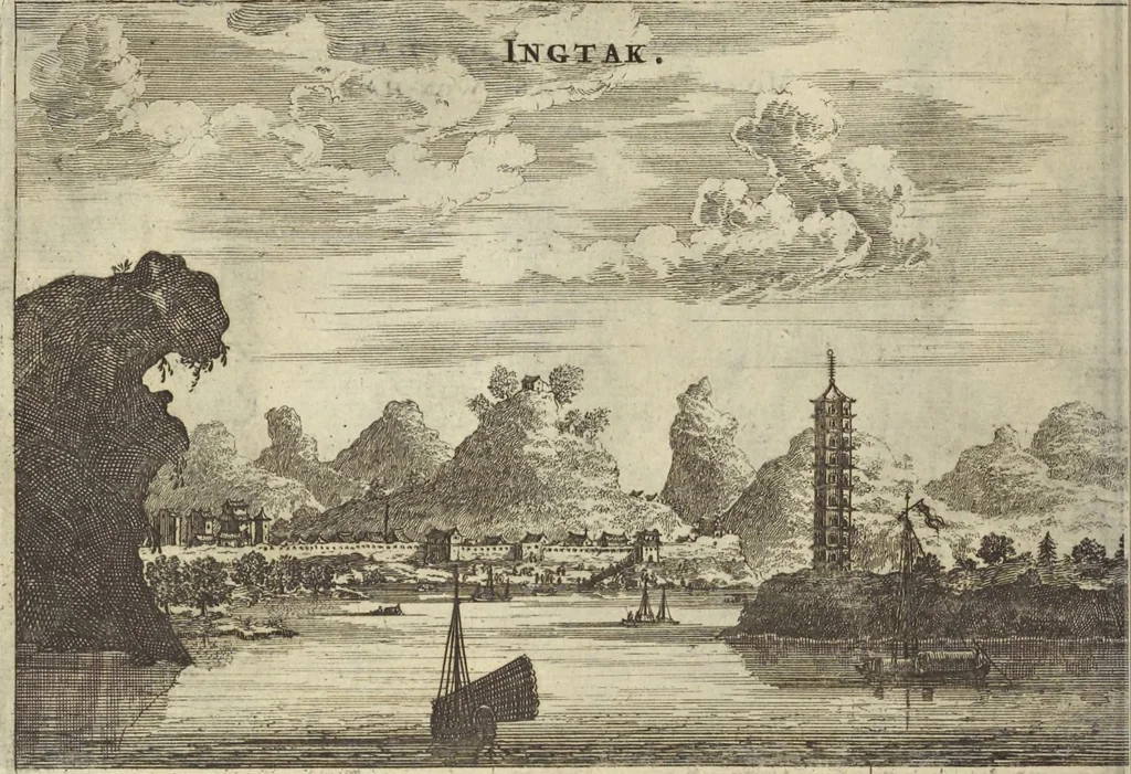 An illustration from Het gezandtschap der Neêrlandtsche Oost-Indische Compagnie, aan den grooten Tartarischen Cham, den tegenwoordigen keizer van China : waar in de gedenkwaerdigste geschiedenissen, die onder het reizen door de Sineesche landtschappen, Quantung, Kiangsi, Nanking, Xantung en Peking, en aan het keizerlyke hof te Peking, zedert den jaare 1655 tot 1657 zyn voorgevallen, op het bondigste verhandelt worden : beneffens een naauwkeurige beschryvinge der Sineesche steden, dorpen, regeering, weetenschappen, handwerken, zeden, godsdiensten, gebouwen, drachten, scheepen, bergen, gewaffen, dieren, &c. en oorlogen tegen de Tarters : verçiert met over de 150 afbeeldtsels, na 't leven in Sina, 1693, leaf 101