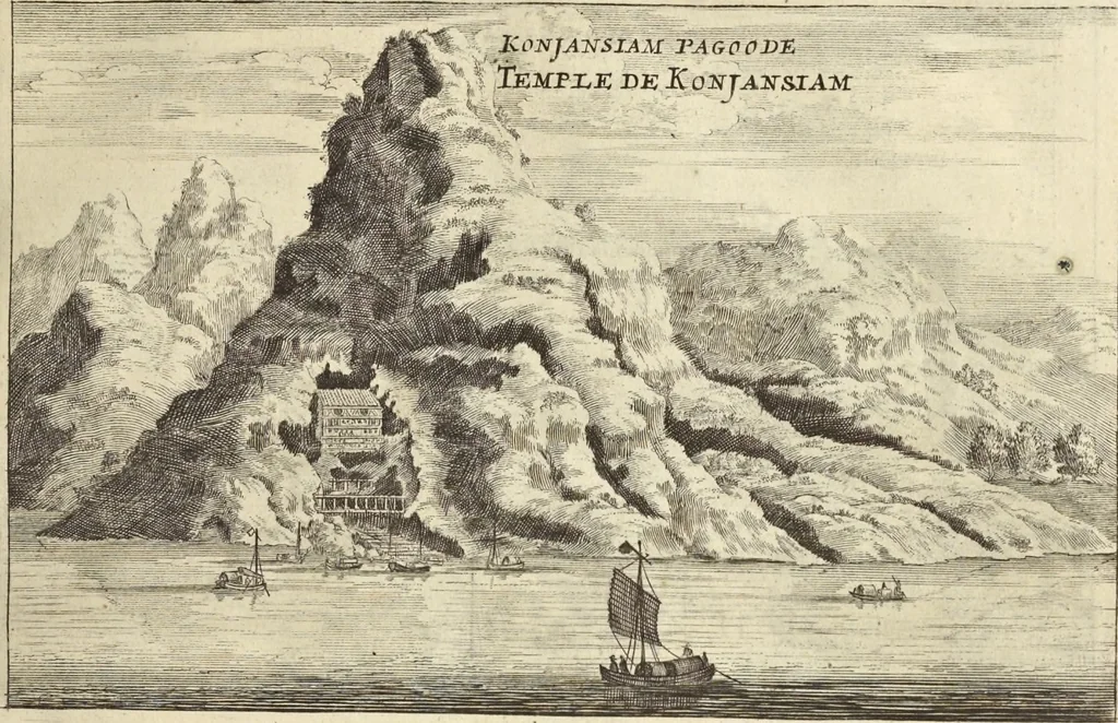 An illustration from Het gezandtschap der Neêrlandtsche Oost-Indische Compagnie, aan den grooten Tartarischen Cham, den tegenwoordigen keizer van China : waar in de gedenkwaerdigste geschiedenissen, die onder het reizen door de Sineesche landtschappen, Quantung, Kiangsi, Nanking, Xantung en Peking, en aan het keizerlyke hof te Peking, zedert den jaare 1655 tot 1657 zyn voorgevallen, op het bondigste verhandelt worden : beneffens een naauwkeurige beschryvinge der Sineesche steden, dorpen, regeering, weetenschappen, handwerken, zeden, godsdiensten, gebouwen, drachten, scheepen, bergen, gewaffen, dieren, &c. en oorlogen tegen de Tarters : verçiert met over de 150 afbeeldtsels, na 't leven in Sina, 1693, leaf 102