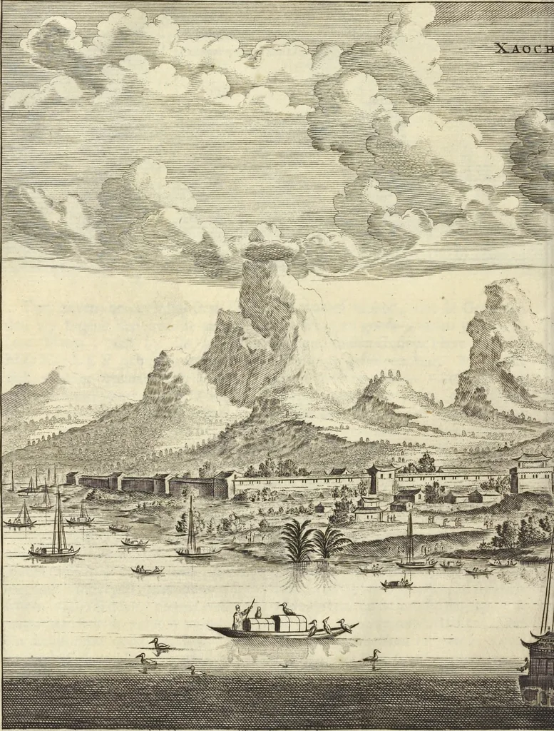 An illustration from Het gezandtschap der Neêrlandtsche Oost-Indische Compagnie, aan den grooten Tartarischen Cham, den tegenwoordigen keizer van China : waar in de gedenkwaerdigste geschiedenissen, die onder het reizen door de Sineesche landtschappen, Quantung, Kiangsi, Nanking, Xantung en Peking, en aan het keizerlyke hof te Peking, zedert den jaare 1655 tot 1657 zyn voorgevallen, op het bondigste verhandelt worden : beneffens een naauwkeurige beschryvinge der Sineesche steden, dorpen, regeering, weetenschappen, handwerken, zeden, godsdiensten, gebouwen, drachten, scheepen, bergen, gewaffen, dieren, &c. en oorlogen tegen de Tarters : verçiert met over de 150 afbeeldtsels, na 't leven in Sina, 1693, leaf 105