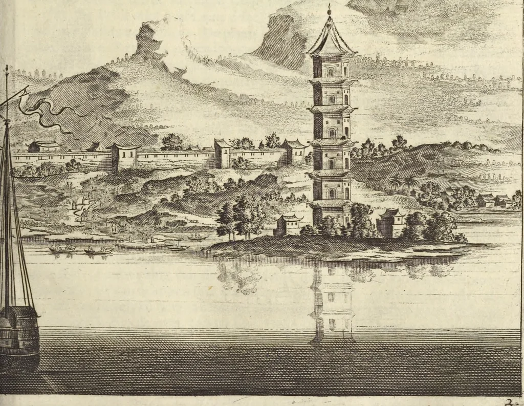 An illustration from Het gezandtschap der Neêrlandtsche Oost-Indische Compagnie, aan den grooten Tartarischen Cham, den tegenwoordigen keizer van China : waar in de gedenkwaerdigste geschiedenissen, die onder het reizen door de Sineesche landtschappen, Quantung, Kiangsi, Nanking, Xantung en Peking, en aan het keizerlyke hof te Peking, zedert den jaare 1655 tot 1657 zyn voorgevallen, op het bondigste verhandelt worden : beneffens een naauwkeurige beschryvinge der Sineesche steden, dorpen, regeering, weetenschappen, handwerken, zeden, godsdiensten, gebouwen, drachten, scheepen, bergen, gewaffen, dieren, &c. en oorlogen tegen de Tarters : verçiert met over de 150 afbeeldtsels, na 't leven in Sina, 1693, leaf 106