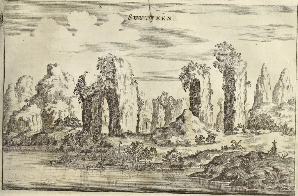 An illustration from Het gezandtschap der Neêrlandtsche Oost-Indische Compagnie, aan den grooten Tartarischen Cham, den tegenwoordigen keizer van China : waar in de gedenkwaerdigste geschiedenissen, die onder het reizen door de Sineesche landtschappen, Quantung, Kiangsi, Nanking, Xantung en Peking, en aan het keizerlyke hof te Peking, zedert den jaare 1655 tot 1657 zyn voorgevallen, op het bondigste verhandelt worden : beneffens een naauwkeurige beschryvinge der Sineesche steden, dorpen, regeering, weetenschappen, handwerken, zeden, godsdiensten, gebouwen, drachten, scheepen, bergen, gewaffen, dieren, &c. en oorlogen tegen de Tarters : verçiert met over de 150 afbeeldtsels, na 't leven in Sina, 1693, leaf 110