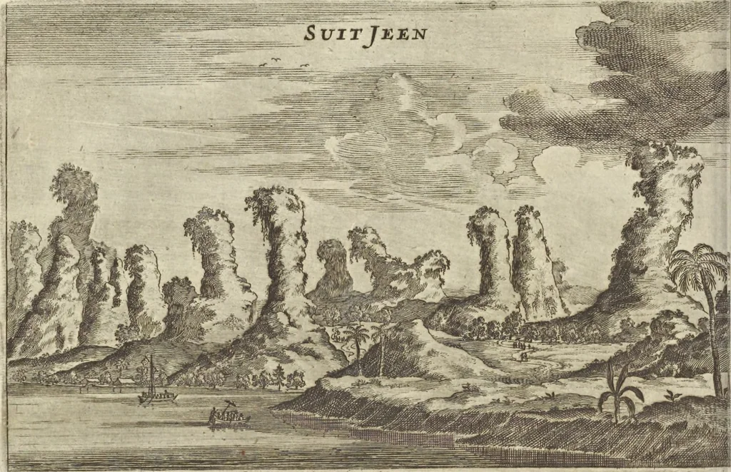 An illustration from Het gezandtschap der Neêrlandtsche Oost-Indische Compagnie, aan den grooten Tartarischen Cham, den tegenwoordigen keizer van China : waar in de gedenkwaerdigste geschiedenissen, die onder het reizen door de Sineesche landtschappen, Quantung, Kiangsi, Nanking, Xantung en Peking, en aan het keizerlyke hof te Peking, zedert den jaare 1655 tot 1657 zyn voorgevallen, op het bondigste verhandelt worden : beneffens een naauwkeurige beschryvinge der Sineesche steden, dorpen, regeering, weetenschappen, handwerken, zeden, godsdiensten, gebouwen, drachten, scheepen, bergen, gewaffen, dieren, &c. en oorlogen tegen de Tarters : verçiert met over de 150 afbeeldtsels, na 't leven in Sina, 1693, leaf 111