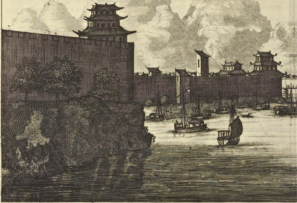 An illustration from Het gezandtschap der Neêrlandtsche Oost-Indische Compagnie, aan den grooten Tartarischen Cham, den tegenwoordigen keizer van China : waar in de gedenkwaerdigste geschiedenissen, die onder het reizen door de Sineesche landtschappen, Quantung, Kiangsi, Nanking, Xantung en Peking, en aan het keizerlyke hof te Peking, zedert den jaare 1655 tot 1657 zyn voorgevallen, op het bondigste verhandelt worden : beneffens een naauwkeurige beschryvinge der Sineesche steden, dorpen, regeering, weetenschappen, handwerken, zeden, godsdiensten, gebouwen, drachten, scheepen, bergen, gewaffen, dieren, &c. en oorlogen tegen de Tarters : verçiert met over de 150 afbeeldtsels, na 't leven in Sina, 1693, leaf 113
