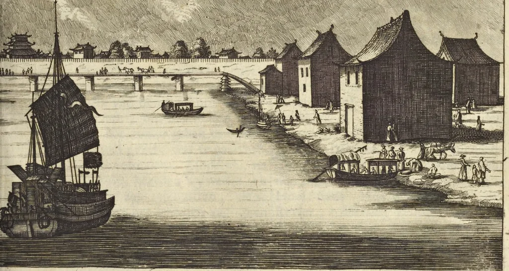 An illustration from Het gezandtschap der Neêrlandtsche Oost-Indische Compagnie, aan den grooten Tartarischen Cham, den tegenwoordigen keizer van China : waar in de gedenkwaerdigste geschiedenissen, die onder het reizen door de Sineesche landtschappen, Quantung, Kiangsi, Nanking, Xantung en Peking, en aan het keizerlyke hof te Peking, zedert den jaare 1655 tot 1657 zyn voorgevallen, op het bondigste verhandelt worden : beneffens een naauwkeurige beschryvinge der Sineesche steden, dorpen, regeering, weetenschappen, handwerken, zeden, godsdiensten, gebouwen, drachten, scheepen, bergen, gewaffen, dieren, &c. en oorlogen tegen de Tarters : verçiert met over de 150 afbeeldtsels, na 't leven in Sina, 1693, leaf 114