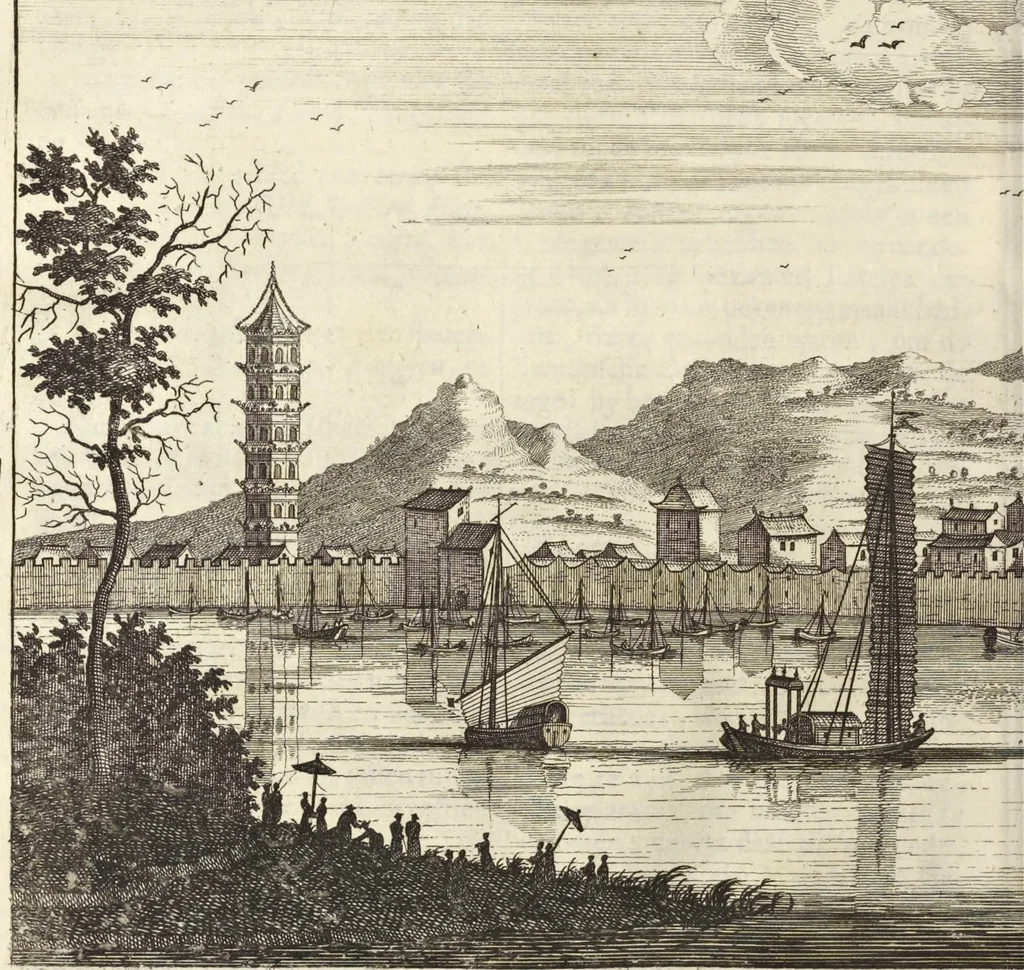 An illustration from Het gezandtschap der Neêrlandtsche Oost-Indische Compagnie, aan den grooten Tartarischen Cham, den tegenwoordigen keizer van China : waar in de gedenkwaerdigste geschiedenissen, die onder het reizen door de Sineesche landtschappen, Quantung, Kiangsi, Nanking, Xantung en Peking, en aan het keizerlyke hof te Peking, zedert den jaare 1655 tot 1657 zyn voorgevallen, op het bondigste verhandelt worden : beneffens een naauwkeurige beschryvinge der Sineesche steden, dorpen, regeering, weetenschappen, handwerken, zeden, godsdiensten, gebouwen, drachten, scheepen, bergen, gewaffen, dieren, &c. en oorlogen tegen de Tarters : verçiert met over de 150 afbeeldtsels, na 't leven in Sina, 1693, leaf 121