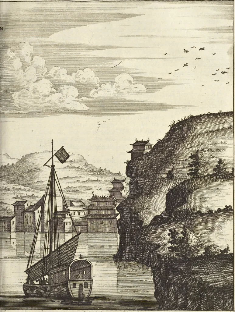 An illustration from Het gezandtschap der Neêrlandtsche Oost-Indische Compagnie, aan den grooten Tartarischen Cham, den tegenwoordigen keizer van China : waar in de gedenkwaerdigste geschiedenissen, die onder het reizen door de Sineesche landtschappen, Quantung, Kiangsi, Nanking, Xantung en Peking, en aan het keizerlyke hof te Peking, zedert den jaare 1655 tot 1657 zyn voorgevallen, op het bondigste verhandelt worden : beneffens een naauwkeurige beschryvinge der Sineesche steden, dorpen, regeering, weetenschappen, handwerken, zeden, godsdiensten, gebouwen, drachten, scheepen, bergen, gewaffen, dieren, &c. en oorlogen tegen de Tarters : verçiert met over de 150 afbeeldtsels, na 't leven in Sina, 1693, leaf 122