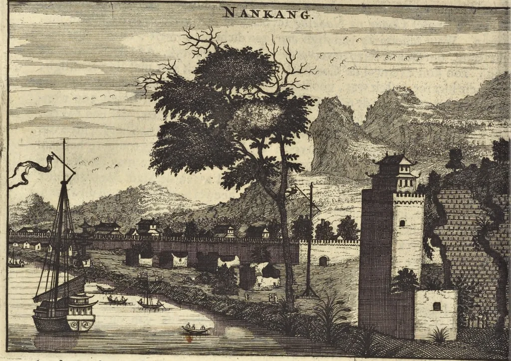An illustration from Het gezandtschap der Neêrlandtsche Oost-Indische Compagnie, aan den grooten Tartarischen Cham, den tegenwoordigen keizer van China : waar in de gedenkwaerdigste geschiedenissen, die onder het reizen door de Sineesche landtschappen, Quantung, Kiangsi, Nanking, Xantung en Peking, en aan het keizerlyke hof te Peking, zedert den jaare 1655 tot 1657 zyn voorgevallen, op het bondigste verhandelt worden : beneffens een naauwkeurige beschryvinge der Sineesche steden, dorpen, regeering, weetenschappen, handwerken, zeden, godsdiensten, gebouwen, drachten, scheepen, bergen, gewaffen, dieren, &c. en oorlogen tegen de Tarters : verçiert met over de 150 afbeeldtsels, na 't leven in Sina, 1693, leaf 125