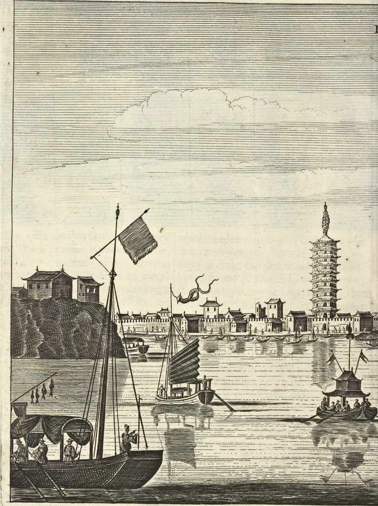 An illustration from Het gezandtschap der Neêrlandtsche Oost-Indische Compagnie, aan den grooten Tartarischen Cham, den tegenwoordigen keizer van China : waar in de gedenkwaerdigste geschiedenissen, die onder het reizen door de Sineesche landtschappen, Quantung, Kiangsi, Nanking, Xantung en Peking, en aan het keizerlyke hof te Peking, zedert den jaare 1655 tot 1657 zyn voorgevallen, op het bondigste verhandelt worden : beneffens een naauwkeurige beschryvinge der Sineesche steden, dorpen, regeering, weetenschappen, handwerken, zeden, godsdiensten, gebouwen, drachten, scheepen, bergen, gewaffen, dieren, &c. en oorlogen tegen de Tarters : verçiert met over de 150 afbeeldtsels, na 't leven in Sina, 1693, leaf 127