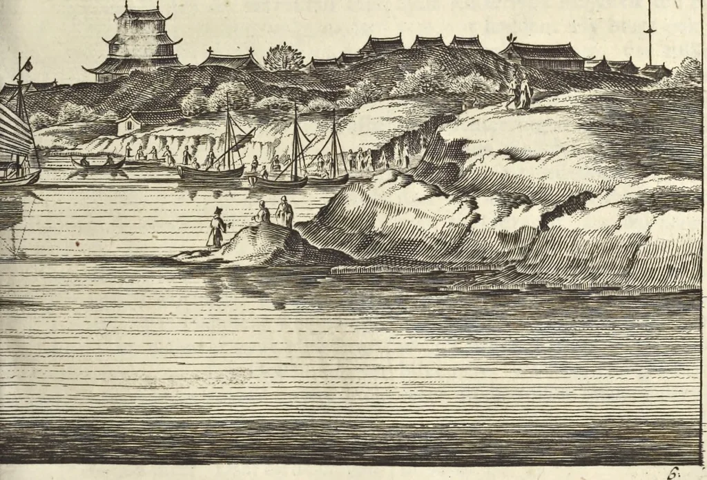 An illustration from Het gezandtschap der Neêrlandtsche Oost-Indische Compagnie, aan den grooten Tartarischen Cham, den tegenwoordigen keizer van China : waar in de gedenkwaerdigste geschiedenissen, die onder het reizen door de Sineesche landtschappen, Quantung, Kiangsi, Nanking, Xantung en Peking, en aan het keizerlyke hof te Peking, zedert den jaare 1655 tot 1657 zyn voorgevallen, op het bondigste verhandelt worden : beneffens een naauwkeurige beschryvinge der Sineesche steden, dorpen, regeering, weetenschappen, handwerken, zeden, godsdiensten, gebouwen, drachten, scheepen, bergen, gewaffen, dieren, &c. en oorlogen tegen de Tarters : verçiert met over de 150 afbeeldtsels, na 't leven in Sina, 1693, leaf 128