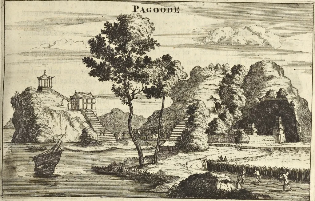 An illustration from Het gezandtschap der Neêrlandtsche Oost-Indische Compagnie, aan den grooten Tartarischen Cham, den tegenwoordigen keizer van China : waar in de gedenkwaerdigste geschiedenissen, die onder het reizen door de Sineesche landtschappen, Quantung, Kiangsi, Nanking, Xantung en Peking, en aan het keizerlyke hof te Peking, zedert den jaare 1655 tot 1657 zyn voorgevallen, op het bondigste verhandelt worden : beneffens een naauwkeurige beschryvinge der Sineesche steden, dorpen, regeering, weetenschappen, handwerken, zeden, godsdiensten, gebouwen, drachten, scheepen, bergen, gewaffen, dieren, &c. en oorlogen tegen de Tarters : verçiert met over de 150 afbeeldtsels, na 't leven in Sina, 1693, leaf 132
