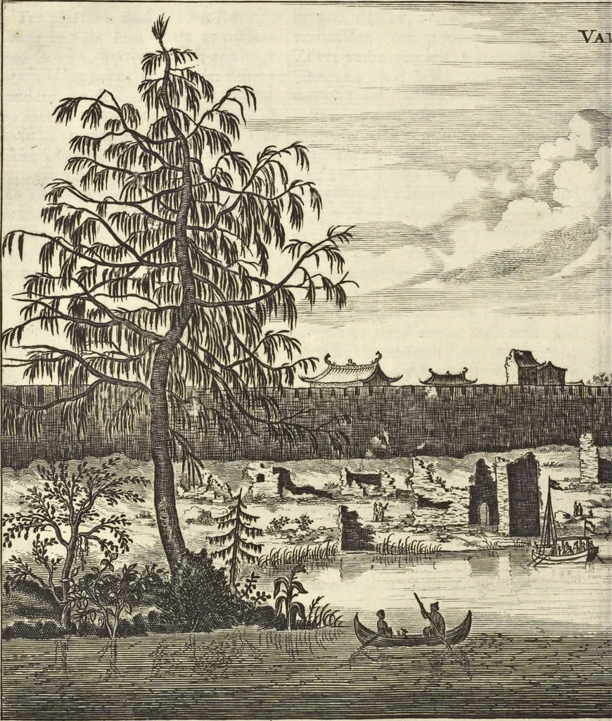 An illustration from Het gezandtschap der Neêrlandtsche Oost-Indische Compagnie, aan den grooten Tartarischen Cham, den tegenwoordigen keizer van China : waar in de gedenkwaerdigste geschiedenissen, die onder het reizen door de Sineesche landtschappen, Quantung, Kiangsi, Nanking, Xantung en Peking, en aan het keizerlyke hof te Peking, zedert den jaare 1655 tot 1657 zyn voorgevallen, op het bondigste verhandelt worden : beneffens een naauwkeurige beschryvinge der Sineesche steden, dorpen, regeering, weetenschappen, handwerken, zeden, godsdiensten, gebouwen, drachten, scheepen, bergen, gewaffen, dieren, &c. en oorlogen tegen de Tarters : verçiert met over de 150 afbeeldtsels, na 't leven in Sina, 1693, leaf 135