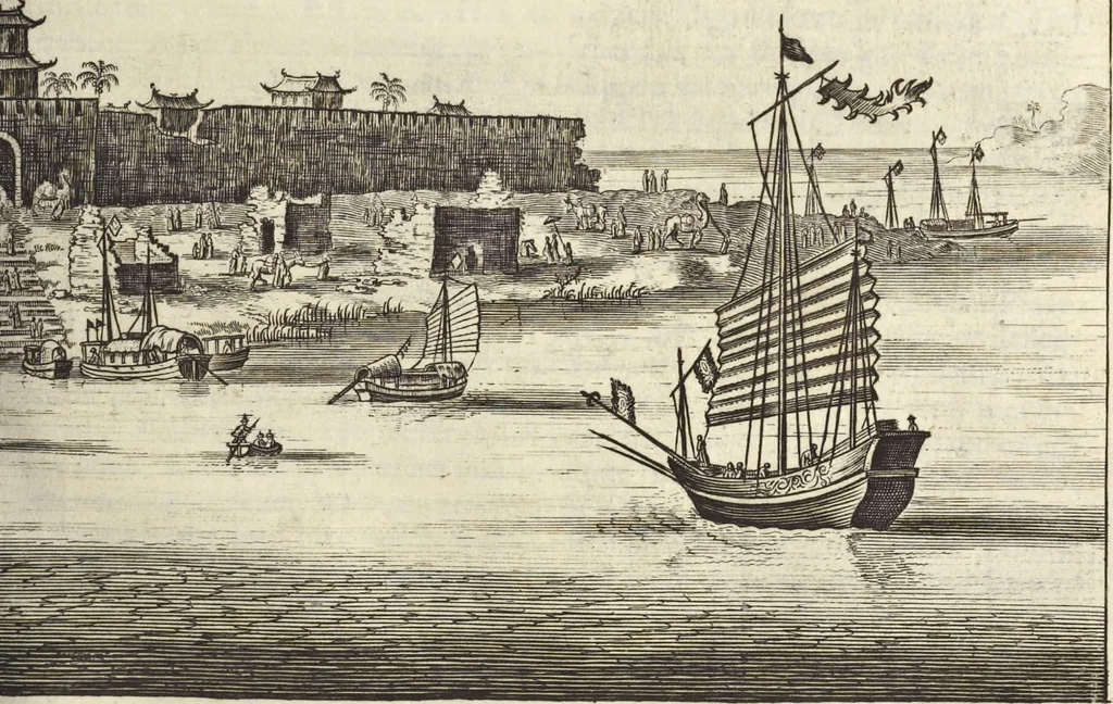 An illustration from Het gezandtschap der Neêrlandtsche Oost-Indische Compagnie, aan den grooten Tartarischen Cham, den tegenwoordigen keizer van China : waar in de gedenkwaerdigste geschiedenissen, die onder het reizen door de Sineesche landtschappen, Quantung, Kiangsi, Nanking, Xantung en Peking, en aan het keizerlyke hof te Peking, zedert den jaare 1655 tot 1657 zyn voorgevallen, op het bondigste verhandelt worden : beneffens een naauwkeurige beschryvinge der Sineesche steden, dorpen, regeering, weetenschappen, handwerken, zeden, godsdiensten, gebouwen, drachten, scheepen, bergen, gewaffen, dieren, &c. en oorlogen tegen de Tarters : verçiert met over de 150 afbeeldtsels, na 't leven in Sina, 1693, leaf 136