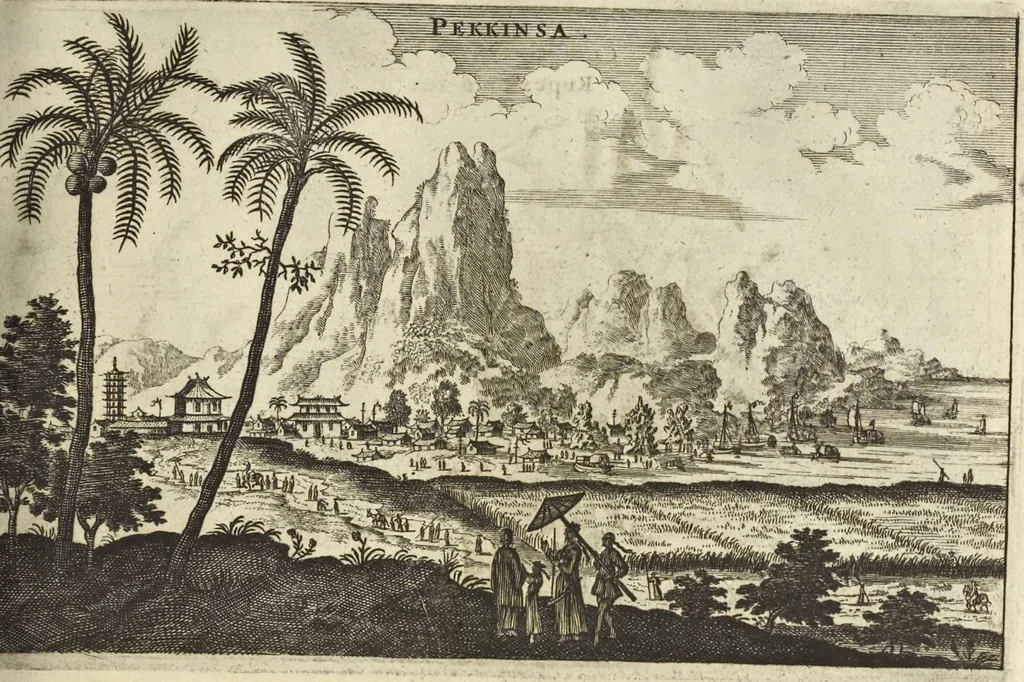 An illustration from Het gezandtschap der Neêrlandtsche Oost-Indische Compagnie, aan den grooten Tartarischen Cham, den tegenwoordigen keizer van China : waar in de gedenkwaerdigste geschiedenissen, die onder het reizen door de Sineesche landtschappen, Quantung, Kiangsi, Nanking, Xantung en Peking, en aan het keizerlyke hof te Peking, zedert den jaare 1655 tot 1657 zyn voorgevallen, op het bondigste verhandelt worden : beneffens een naauwkeurige beschryvinge der Sineesche steden, dorpen, regeering, weetenschappen, handwerken, zeden, godsdiensten, gebouwen, drachten, scheepen, bergen, gewaffen, dieren, &c. en oorlogen tegen de Tarters : verçiert met over de 150 afbeeldtsels, na 't leven in Sina, 1693, leaf 138