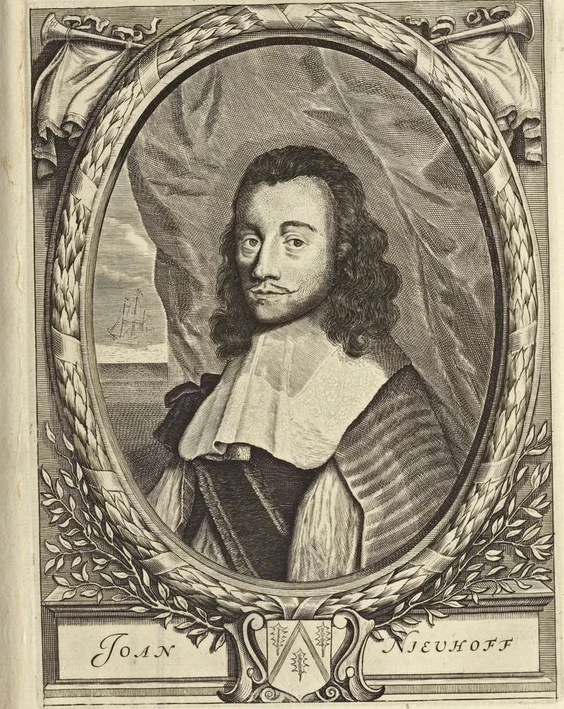 An illustration from Het gezandtschap der Neêrlandtsche Oost-Indische Compagnie, aan den grooten Tartarischen Cham, den tegenwoordigen keizer van China : waar in de gedenkwaerdigste geschiedenissen, die onder het reizen door de Sineesche landtschappen, Quantung, Kiangsi, Nanking, Xantung en Peking, en aan het keizerlyke hof te Peking, zedert den jaare 1655 tot 1657 zyn voorgevallen, op het bondigste verhandelt worden : beneffens een naauwkeurige beschryvinge der Sineesche steden, dorpen, regeering, weetenschappen, handwerken, zeden, godsdiensten, gebouwen, drachten, scheepen, bergen, gewaffen, dieren, &c. en oorlogen tegen de Tarters : verçiert met over de 150 afbeeldtsels, na 't leven in Sina, 1693, leaf 14