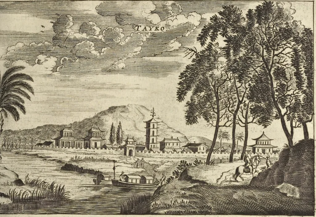 An illustration from Het gezandtschap der Neêrlandtsche Oost-Indische Compagnie, aan den grooten Tartarischen Cham, den tegenwoordigen keizer van China : waar in de gedenkwaerdigste geschiedenissen, die onder het reizen door de Sineesche landtschappen, Quantung, Kiangsi, Nanking, Xantung en Peking, en aan het keizerlyke hof te Peking, zedert den jaare 1655 tot 1657 zyn voorgevallen, op het bondigste verhandelt worden : beneffens een naauwkeurige beschryvinge der Sineesche steden, dorpen, regeering, weetenschappen, handwerken, zeden, godsdiensten, gebouwen, drachten, scheepen, bergen, gewaffen, dieren, &c. en oorlogen tegen de Tarters : verçiert met over de 150 afbeeldtsels, na 't leven in Sina, 1693, leaf 140