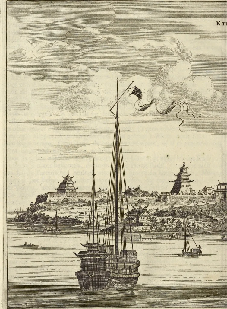 An illustration from Het gezandtschap der Neêrlandtsche Oost-Indische Compagnie, aan den grooten Tartarischen Cham, den tegenwoordigen keizer van China : waar in de gedenkwaerdigste geschiedenissen, die onder het reizen door de Sineesche landtschappen, Quantung, Kiangsi, Nanking, Xantung en Peking, en aan het keizerlyke hof te Peking, zedert den jaare 1655 tot 1657 zyn voorgevallen, op het bondigste verhandelt worden : beneffens een naauwkeurige beschryvinge der Sineesche steden, dorpen, regeering, weetenschappen, handwerken, zeden, godsdiensten, gebouwen, drachten, scheepen, bergen, gewaffen, dieren, &c. en oorlogen tegen de Tarters : verçiert met over de 150 afbeeldtsels, na 't leven in Sina, 1693, leaf 143