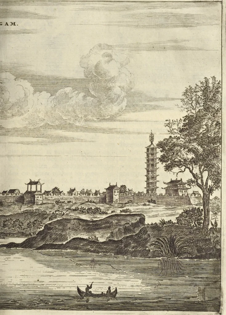 An illustration from Het gezandtschap der Neêrlandtsche Oost-Indische Compagnie, aan den grooten Tartarischen Cham, den tegenwoordigen keizer van China : waar in de gedenkwaerdigste geschiedenissen, die onder het reizen door de Sineesche landtschappen, Quantung, Kiangsi, Nanking, Xantung en Peking, en aan het keizerlyke hof te Peking, zedert den jaare 1655 tot 1657 zyn voorgevallen, op het bondigste verhandelt worden : beneffens een naauwkeurige beschryvinge der Sineesche steden, dorpen, regeering, weetenschappen, handwerken, zeden, godsdiensten, gebouwen, drachten, scheepen, bergen, gewaffen, dieren, &c. en oorlogen tegen de Tarters : verçiert met over de 150 afbeeldtsels, na 't leven in Sina, 1693, leaf 144