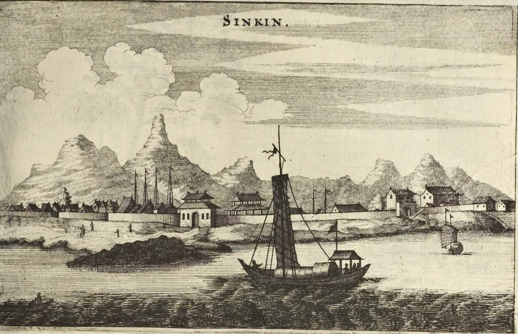 An illustration from Het gezandtschap der Neêrlandtsche Oost-Indische Compagnie, aan den grooten Tartarischen Cham, den tegenwoordigen keizer van China : waar in de gedenkwaerdigste geschiedenissen, die onder het reizen door de Sineesche landtschappen, Quantung, Kiangsi, Nanking, Xantung en Peking, en aan het keizerlyke hof te Peking, zedert den jaare 1655 tot 1657 zyn voorgevallen, op het bondigste verhandelt worden : beneffens een naauwkeurige beschryvinge der Sineesche steden, dorpen, regeering, weetenschappen, handwerken, zeden, godsdiensten, gebouwen, drachten, scheepen, bergen, gewaffen, dieren, &c. en oorlogen tegen de Tarters : verçiert met over de 150 afbeeldtsels, na 't leven in Sina, 1693, leaf 148