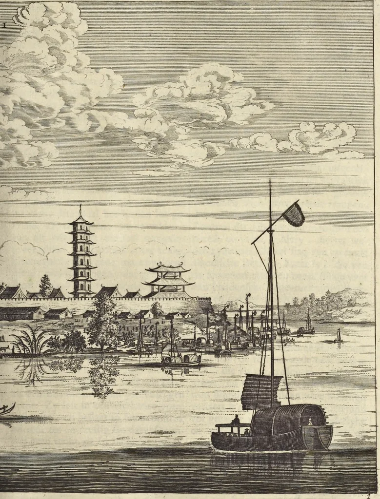 An illustration from Het gezandtschap der Neêrlandtsche Oost-Indische Compagnie, aan den grooten Tartarischen Cham, den tegenwoordigen keizer van China : waar in de gedenkwaerdigste geschiedenissen, die onder het reizen door de Sineesche landtschappen, Quantung, Kiangsi, Nanking, Xantung en Peking, en aan het keizerlyke hof te Peking, zedert den jaare 1655 tot 1657 zyn voorgevallen, op het bondigste verhandelt worden : beneffens een naauwkeurige beschryvinge der Sineesche steden, dorpen, regeering, weetenschappen, handwerken, zeden, godsdiensten, gebouwen, drachten, scheepen, bergen, gewaffen, dieren, &c. en oorlogen tegen de Tarters : verçiert met over de 150 afbeeldtsels, na 't leven in Sina, 1693, leaf 152