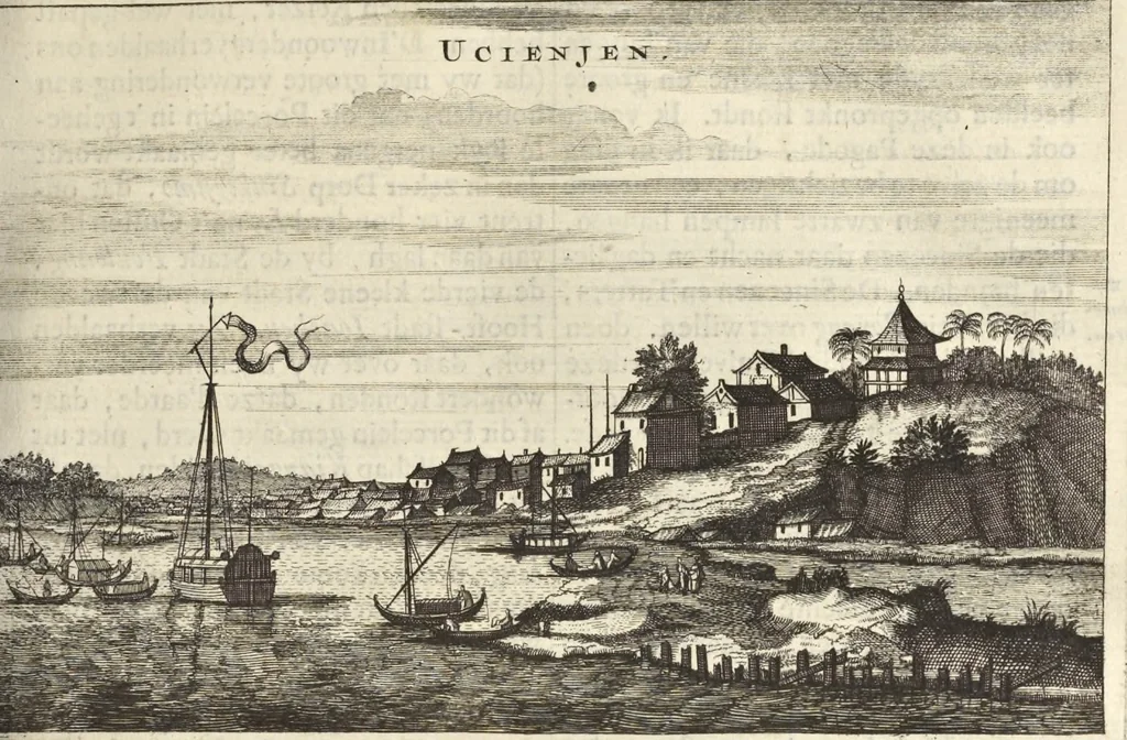 An illustration from Het gezandtschap der Neêrlandtsche Oost-Indische Compagnie, aan den grooten Tartarischen Cham, den tegenwoordigen keizer van China : waar in de gedenkwaerdigste geschiedenissen, die onder het reizen door de Sineesche landtschappen, Quantung, Kiangsi, Nanking, Xantung en Peking, en aan het keizerlyke hof te Peking, zedert den jaare 1655 tot 1657 zyn voorgevallen, op het bondigste verhandelt worden : beneffens een naauwkeurige beschryvinge der Sineesche steden, dorpen, regeering, weetenschappen, handwerken, zeden, godsdiensten, gebouwen, drachten, scheepen, bergen, gewaffen, dieren, &c. en oorlogen tegen de Tarters : verçiert met over de 150 afbeeldtsels, na 't leven in Sina, 1693, leaf 156