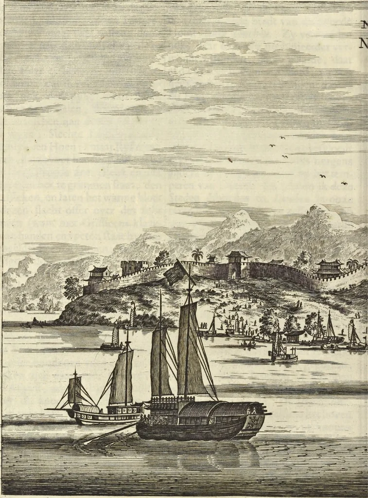 An illustration from Het gezandtschap der Neêrlandtsche Oost-Indische Compagnie, aan den grooten Tartarischen Cham, den tegenwoordigen keizer van China : waar in de gedenkwaerdigste geschiedenissen, die onder het reizen door de Sineesche landtschappen, Quantung, Kiangsi, Nanking, Xantung en Peking, en aan het keizerlyke hof te Peking, zedert den jaare 1655 tot 1657 zyn voorgevallen, op het bondigste verhandelt worden : beneffens een naauwkeurige beschryvinge der Sineesche steden, dorpen, regeering, weetenschappen, handwerken, zeden, godsdiensten, gebouwen, drachten, scheepen, bergen, gewaffen, dieren, &c. en oorlogen tegen de Tarters : verçiert met over de 150 afbeeldtsels, na 't leven in Sina, 1693, leaf 159