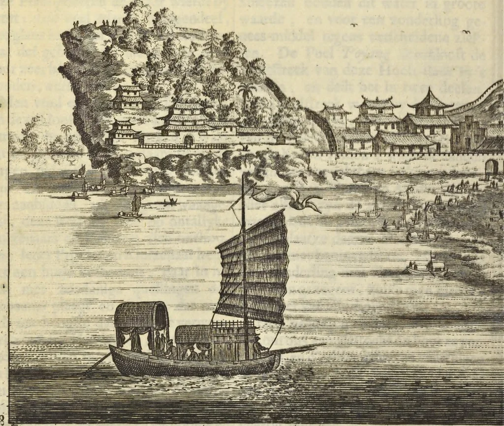 An illustration from Het gezandtschap der Neêrlandtsche Oost-Indische Compagnie, aan den grooten Tartarischen Cham, den tegenwoordigen keizer van China : waar in de gedenkwaerdigste geschiedenissen, die onder het reizen door de Sineesche landtschappen, Quantung, Kiangsi, Nanking, Xantung en Peking, en aan het keizerlyke hof te Peking, zedert den jaare 1655 tot 1657 zyn voorgevallen, op het bondigste verhandelt worden : beneffens een naauwkeurige beschryvinge der Sineesche steden, dorpen, regeering, weetenschappen, handwerken, zeden, godsdiensten, gebouwen, drachten, scheepen, bergen, gewaffen, dieren, &c. en oorlogen tegen de Tarters : verçiert met over de 150 afbeeldtsels, na 't leven in Sina, 1693, leaf 165