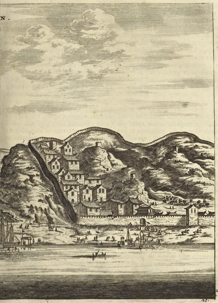 An illustration from Het gezandtschap der Neêrlandtsche Oost-Indische Compagnie, aan den grooten Tartarischen Cham, den tegenwoordigen keizer van China : waar in de gedenkwaerdigste geschiedenissen, die onder het reizen door de Sineesche landtschappen, Quantung, Kiangsi, Nanking, Xantung en Peking, en aan het keizerlyke hof te Peking, zedert den jaare 1655 tot 1657 zyn voorgevallen, op het bondigste verhandelt worden : beneffens een naauwkeurige beschryvinge der Sineesche steden, dorpen, regeering, weetenschappen, handwerken, zeden, godsdiensten, gebouwen, drachten, scheepen, bergen, gewaffen, dieren, &c. en oorlogen tegen de Tarters : verçiert met over de 150 afbeeldtsels, na 't leven in Sina, 1693, leaf 166