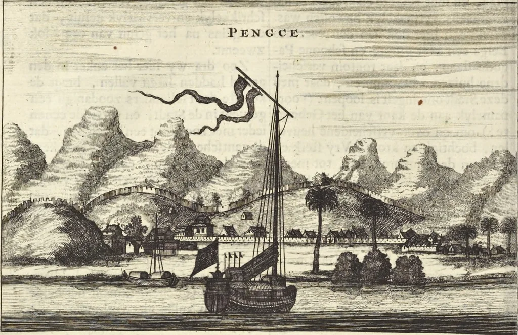 An illustration from Het gezandtschap der Neêrlandtsche Oost-Indische Compagnie, aan den grooten Tartarischen Cham, den tegenwoordigen keizer van China : waar in de gedenkwaerdigste geschiedenissen, die onder het reizen door de Sineesche landtschappen, Quantung, Kiangsi, Nanking, Xantung en Peking, en aan het keizerlyke hof te Peking, zedert den jaare 1655 tot 1657 zyn voorgevallen, op het bondigste verhandelt worden : beneffens een naauwkeurige beschryvinge der Sineesche steden, dorpen, regeering, weetenschappen, handwerken, zeden, godsdiensten, gebouwen, drachten, scheepen, bergen, gewaffen, dieren, &c. en oorlogen tegen de Tarters : verçiert met over de 150 afbeeldtsels, na 't leven in Sina, 1693, leaf 169