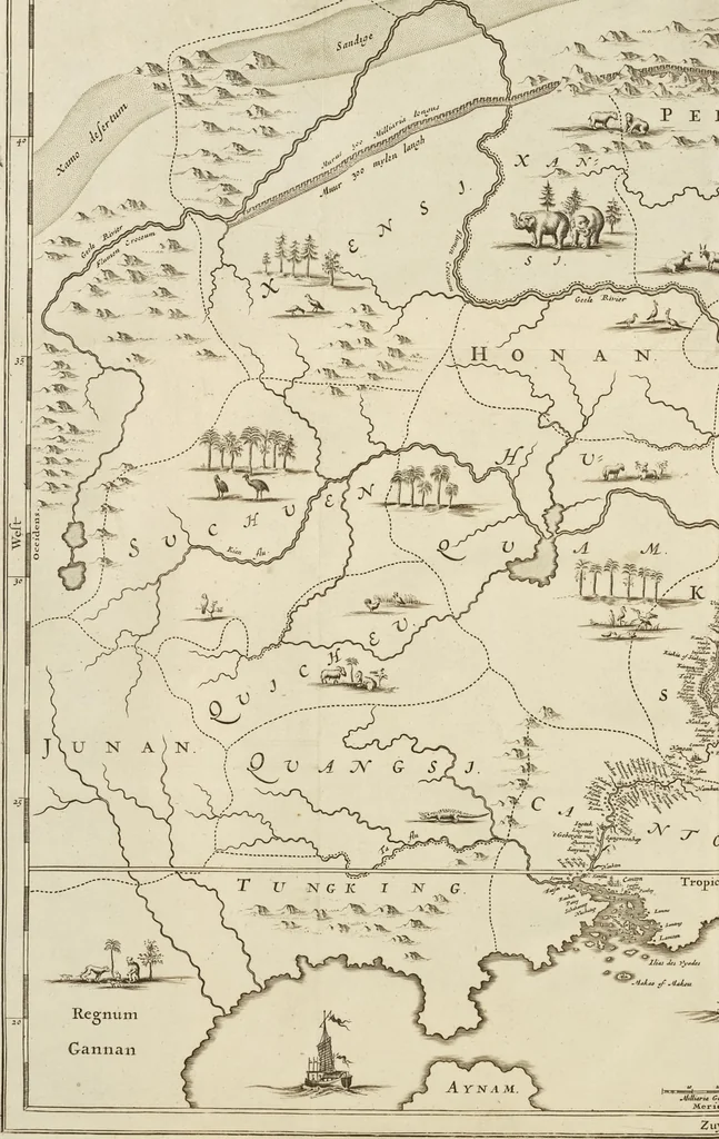 An illustration from Het gezandtschap der Neêrlandtsche Oost-Indische Compagnie, aan den grooten Tartarischen Cham, den tegenwoordigen keizer van China : waar in de gedenkwaerdigste geschiedenissen, die onder het reizen door de Sineesche landtschappen, Quantung, Kiangsi, Nanking, Xantung en Peking, en aan het keizerlyke hof te Peking, zedert den jaare 1655 tot 1657 zyn voorgevallen, op het bondigste verhandelt worden : beneffens een naauwkeurige beschryvinge der Sineesche steden, dorpen, regeering, weetenschappen, handwerken, zeden, godsdiensten, gebouwen, drachten, scheepen, bergen, gewaffen, dieren, &c. en oorlogen tegen de Tarters : verçiert met over de 150 afbeeldtsels, na 't leven in Sina, 1693, leaf 17