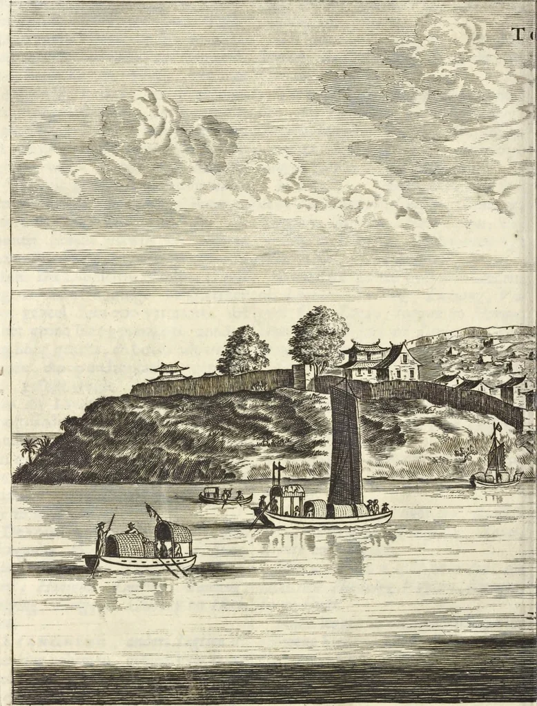 An illustration from Het gezandtschap der Neêrlandtsche Oost-Indische Compagnie, aan den grooten Tartarischen Cham, den tegenwoordigen keizer van China : waar in de gedenkwaerdigste geschiedenissen, die onder het reizen door de Sineesche landtschappen, Quantung, Kiangsi, Nanking, Xantung en Peking, en aan het keizerlyke hof te Peking, zedert den jaare 1655 tot 1657 zyn voorgevallen, op het bondigste verhandelt worden : beneffens een naauwkeurige beschryvinge der Sineesche steden, dorpen, regeering, weetenschappen, handwerken, zeden, godsdiensten, gebouwen, drachten, scheepen, bergen, gewaffen, dieren, &c. en oorlogen tegen de Tarters : verçiert met over de 150 afbeeldtsels, na 't leven in Sina, 1693, leaf 173