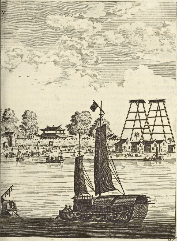 An illustration from Het gezandtschap der Neêrlandtsche Oost-Indische Compagnie, aan den grooten Tartarischen Cham, den tegenwoordigen keizer van China : waar in de gedenkwaerdigste geschiedenissen, die onder het reizen door de Sineesche landtschappen, Quantung, Kiangsi, Nanking, Xantung en Peking, en aan het keizerlyke hof te Peking, zedert den jaare 1655 tot 1657 zyn voorgevallen, op het bondigste verhandelt worden : beneffens een naauwkeurige beschryvinge der Sineesche steden, dorpen, regeering, weetenschappen, handwerken, zeden, godsdiensten, gebouwen, drachten, scheepen, bergen, gewaffen, dieren, &c. en oorlogen tegen de Tarters : verçiert met over de 150 afbeeldtsels, na 't leven in Sina, 1693, leaf 174