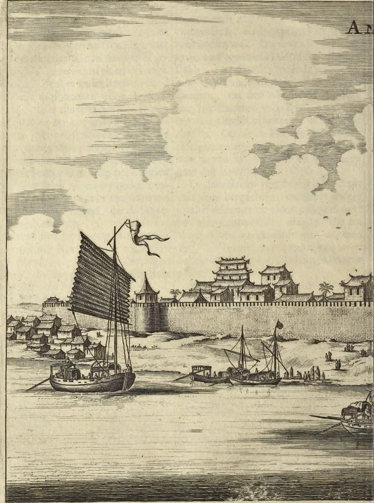 An illustration from Het gezandtschap der Neêrlandtsche Oost-Indische Compagnie, aan den grooten Tartarischen Cham, den tegenwoordigen keizer van China : waar in de gedenkwaerdigste geschiedenissen, die onder het reizen door de Sineesche landtschappen, Quantung, Kiangsi, Nanking, Xantung en Peking, en aan het keizerlyke hof te Peking, zedert den jaare 1655 tot 1657 zyn voorgevallen, op het bondigste verhandelt worden : beneffens een naauwkeurige beschryvinge der Sineesche steden, dorpen, regeering, weetenschappen, handwerken, zeden, godsdiensten, gebouwen, drachten, scheepen, bergen, gewaffen, dieren, &c. en oorlogen tegen de Tarters : verçiert met over de 150 afbeeldtsels, na 't leven in Sina, 1693, leaf 179