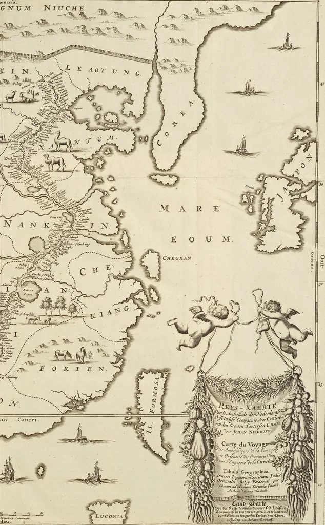 An illustration from Het gezandtschap der Neêrlandtsche Oost-Indische Compagnie, aan den grooten Tartarischen Cham, den tegenwoordigen keizer van China : waar in de gedenkwaerdigste geschiedenissen, die onder het reizen door de Sineesche landtschappen, Quantung, Kiangsi, Nanking, Xantung en Peking, en aan het keizerlyke hof te Peking, zedert den jaare 1655 tot 1657 zyn voorgevallen, op het bondigste verhandelt worden : beneffens een naauwkeurige beschryvinge der Sineesche steden, dorpen, regeering, weetenschappen, handwerken, zeden, godsdiensten, gebouwen, drachten, scheepen, bergen, gewaffen, dieren, &c. en oorlogen tegen de Tarters : verçiert met over de 150 afbeeldtsels, na 't leven in Sina, 1693, leaf 18