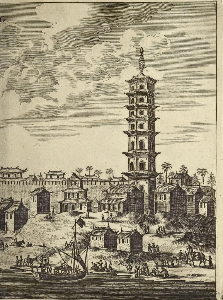 An illustration from Het gezandtschap der Neêrlandtsche Oost-Indische Compagnie, aan den grooten Tartarischen Cham, den tegenwoordigen keizer van China : waar in de gedenkwaerdigste geschiedenissen, die onder het reizen door de Sineesche landtschappen, Quantung, Kiangsi, Nanking, Xantung en Peking, en aan het keizerlyke hof te Peking, zedert den jaare 1655 tot 1657 zyn voorgevallen, op het bondigste verhandelt worden : beneffens een naauwkeurige beschryvinge der Sineesche steden, dorpen, regeering, weetenschappen, handwerken, zeden, godsdiensten, gebouwen, drachten, scheepen, bergen, gewaffen, dieren, &c. en oorlogen tegen de Tarters : verçiert met over de 150 afbeeldtsels, na 't leven in Sina, 1693, leaf 180