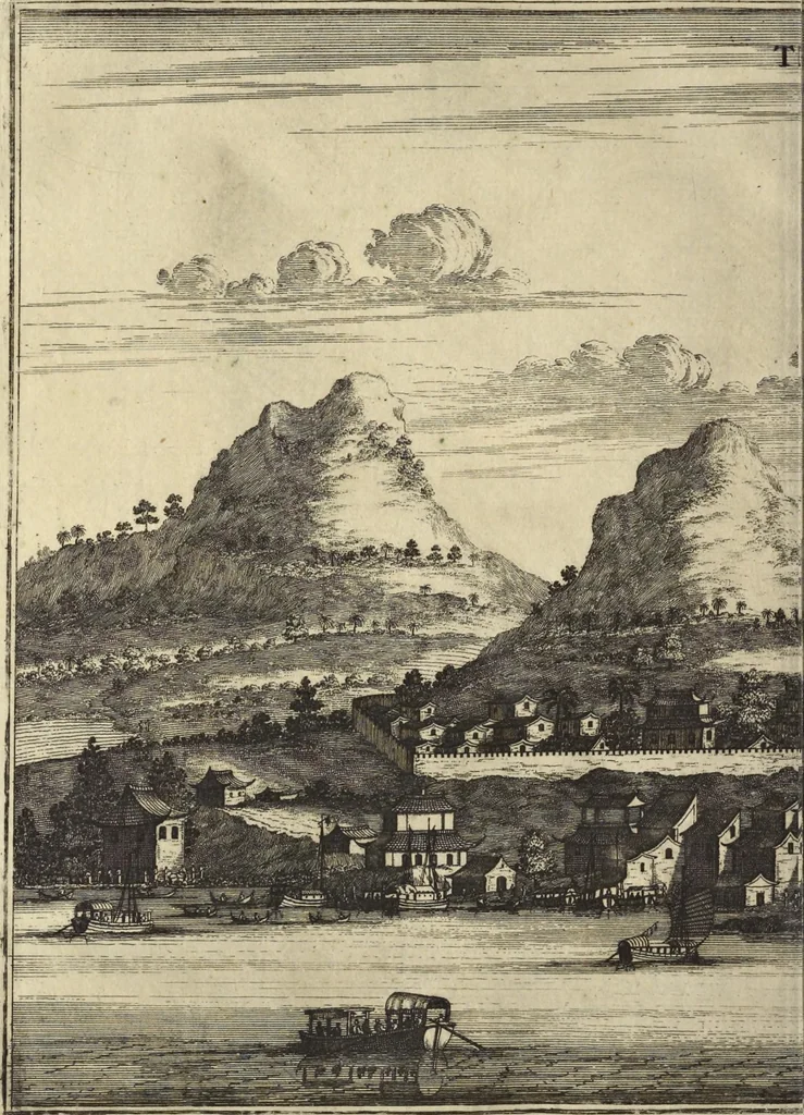 An illustration from Het gezandtschap der Neêrlandtsche Oost-Indische Compagnie, aan den grooten Tartarischen Cham, den tegenwoordigen keizer van China : waar in de gedenkwaerdigste geschiedenissen, die onder het reizen door de Sineesche landtschappen, Quantung, Kiangsi, Nanking, Xantung en Peking, en aan het keizerlyke hof te Peking, zedert den jaare 1655 tot 1657 zyn voorgevallen, op het bondigste verhandelt worden : beneffens een naauwkeurige beschryvinge der Sineesche steden, dorpen, regeering, weetenschappen, handwerken, zeden, godsdiensten, gebouwen, drachten, scheepen, bergen, gewaffen, dieren, &c. en oorlogen tegen de Tarters : verçiert met over de 150 afbeeldtsels, na 't leven in Sina, 1693, leaf 183