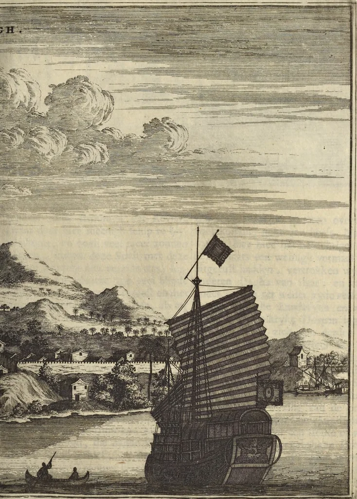 An illustration from Het gezandtschap der Neêrlandtsche Oost-Indische Compagnie, aan den grooten Tartarischen Cham, den tegenwoordigen keizer van China : waar in de gedenkwaerdigste geschiedenissen, die onder het reizen door de Sineesche landtschappen, Quantung, Kiangsi, Nanking, Xantung en Peking, en aan het keizerlyke hof te Peking, zedert den jaare 1655 tot 1657 zyn voorgevallen, op het bondigste verhandelt worden : beneffens een naauwkeurige beschryvinge der Sineesche steden, dorpen, regeering, weetenschappen, handwerken, zeden, godsdiensten, gebouwen, drachten, scheepen, bergen, gewaffen, dieren, &c. en oorlogen tegen de Tarters : verçiert met over de 150 afbeeldtsels, na 't leven in Sina, 1693, leaf 184