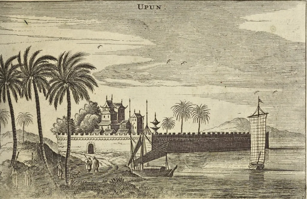 An illustration from Het gezandtschap der Neêrlandtsche Oost-Indische Compagnie, aan den grooten Tartarischen Cham, den tegenwoordigen keizer van China : waar in de gedenkwaerdigste geschiedenissen, die onder het reizen door de Sineesche landtschappen, Quantung, Kiangsi, Nanking, Xantung en Peking, en aan het keizerlyke hof te Peking, zedert den jaare 1655 tot 1657 zyn voorgevallen, op het bondigste verhandelt worden : beneffens een naauwkeurige beschryvinge der Sineesche steden, dorpen, regeering, weetenschappen, handwerken, zeden, godsdiensten, gebouwen, drachten, scheepen, bergen, gewaffen, dieren, &c. en oorlogen tegen de Tarters : verçiert met over de 150 afbeeldtsels, na 't leven in Sina, 1693, leaf 186