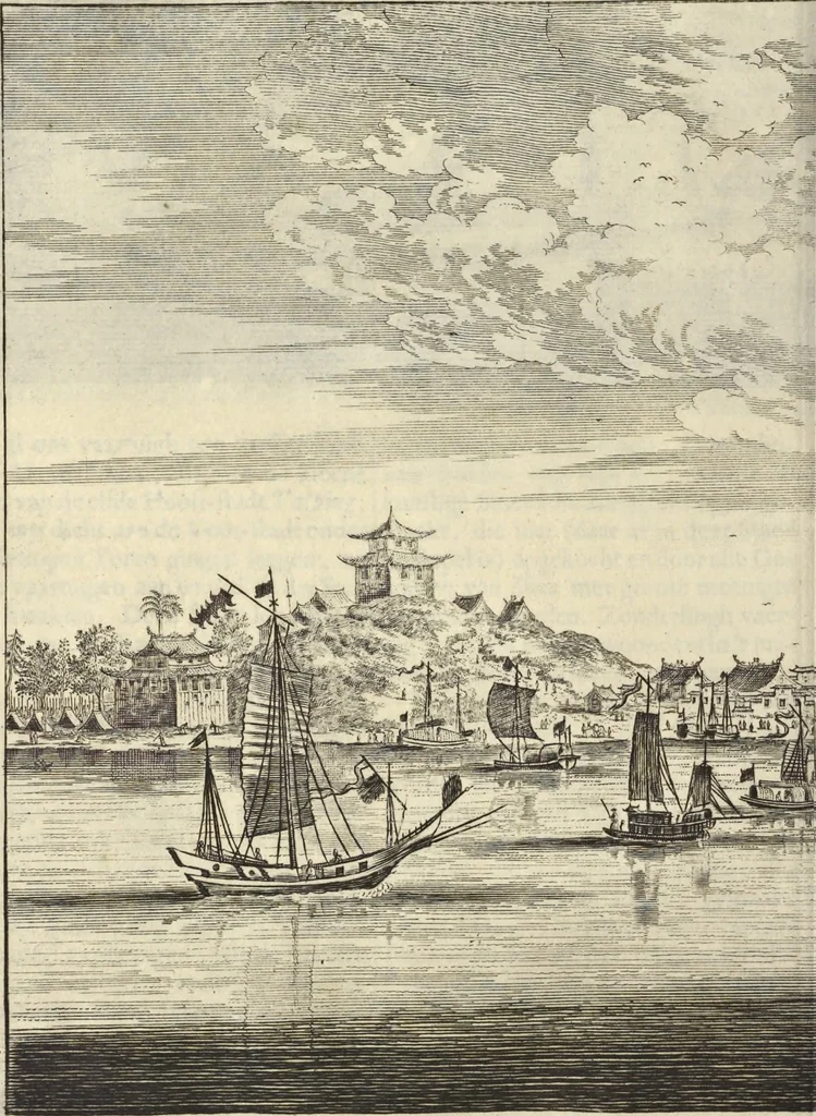 An illustration from Het gezandtschap der Neêrlandtsche Oost-Indische Compagnie, aan den grooten Tartarischen Cham, den tegenwoordigen keizer van China : waar in de gedenkwaerdigste geschiedenissen, die onder het reizen door de Sineesche landtschappen, Quantung, Kiangsi, Nanking, Xantung en Peking, en aan het keizerlyke hof te Peking, zedert den jaare 1655 tot 1657 zyn voorgevallen, op het bondigste verhandelt worden : beneffens een naauwkeurige beschryvinge der Sineesche steden, dorpen, regeering, weetenschappen, handwerken, zeden, godsdiensten, gebouwen, drachten, scheepen, bergen, gewaffen, dieren, &c. en oorlogen tegen de Tarters : verçiert met over de 150 afbeeldtsels, na 't leven in Sina, 1693, leaf 189