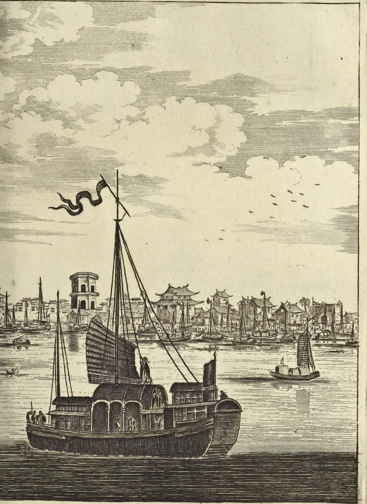 An illustration from Het gezandtschap der Neêrlandtsche Oost-Indische Compagnie, aan den grooten Tartarischen Cham, den tegenwoordigen keizer van China : waar in de gedenkwaerdigste geschiedenissen, die onder het reizen door de Sineesche landtschappen, Quantung, Kiangsi, Nanking, Xantung en Peking, en aan het keizerlyke hof te Peking, zedert den jaare 1655 tot 1657 zyn voorgevallen, op het bondigste verhandelt worden : beneffens een naauwkeurige beschryvinge der Sineesche steden, dorpen, regeering, weetenschappen, handwerken, zeden, godsdiensten, gebouwen, drachten, scheepen, bergen, gewaffen, dieren, &c. en oorlogen tegen de Tarters : verçiert met over de 150 afbeeldtsels, na 't leven in Sina, 1693, leaf 190