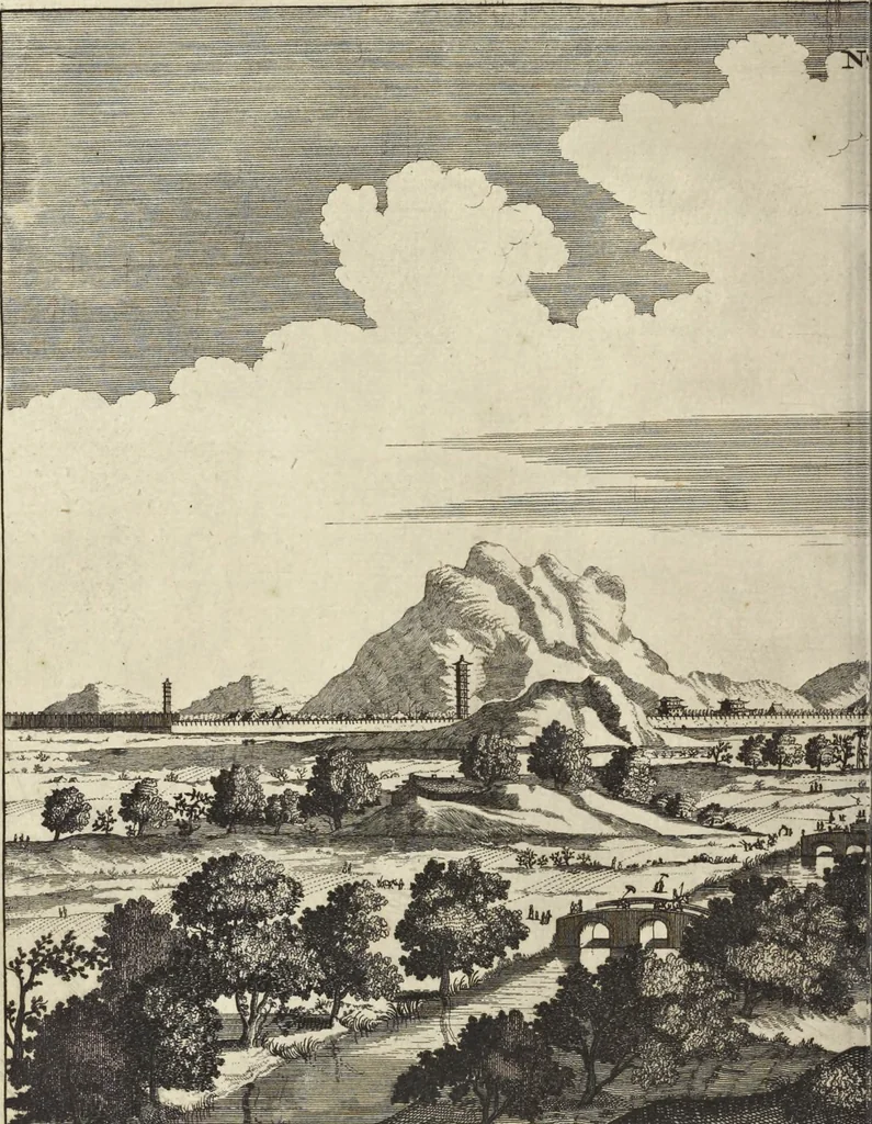 An illustration from Het gezandtschap der Neêrlandtsche Oost-Indische Compagnie, aan den grooten Tartarischen Cham, den tegenwoordigen keizer van China : waar in de gedenkwaerdigste geschiedenissen, die onder het reizen door de Sineesche landtschappen, Quantung, Kiangsi, Nanking, Xantung en Peking, en aan het keizerlyke hof te Peking, zedert den jaare 1655 tot 1657 zyn voorgevallen, op het bondigste verhandelt worden : beneffens een naauwkeurige beschryvinge der Sineesche steden, dorpen, regeering, weetenschappen, handwerken, zeden, godsdiensten, gebouwen, drachten, scheepen, bergen, gewaffen, dieren, &c. en oorlogen tegen de Tarters : verçiert met over de 150 afbeeldtsels, na 't leven in Sina, 1693, leaf 193