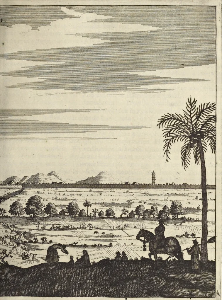 An illustration from Het gezandtschap der Neêrlandtsche Oost-Indische Compagnie, aan den grooten Tartarischen Cham, den tegenwoordigen keizer van China : waar in de gedenkwaerdigste geschiedenissen, die onder het reizen door de Sineesche landtschappen, Quantung, Kiangsi, Nanking, Xantung en Peking, en aan het keizerlyke hof te Peking, zedert den jaare 1655 tot 1657 zyn voorgevallen, op het bondigste verhandelt worden : beneffens een naauwkeurige beschryvinge der Sineesche steden, dorpen, regeering, weetenschappen, handwerken, zeden, godsdiensten, gebouwen, drachten, scheepen, bergen, gewaffen, dieren, &c. en oorlogen tegen de Tarters : verçiert met over de 150 afbeeldtsels, na 't leven in Sina, 1693, leaf 194